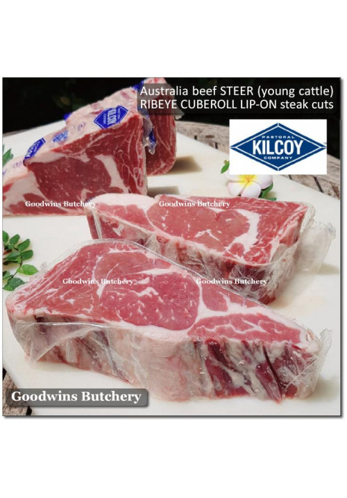 Beef Ribeye lip-on Scotch-Fillet Cube-Roll AGED BY PRODUCER 3 weeks STEER (young cattle) Australia KILCOY frozen ROAST MINI 2" 5cm +/- 1kg (price/kg)